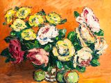 une peinture de fleurs dans un vase sur une table