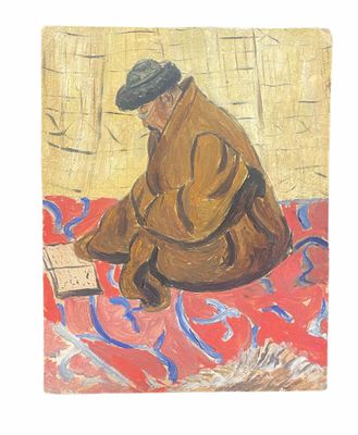 tableau représentant un homme assis sur un tapis en train de lire un livre