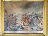 a picture of a painting of a man on a horse in the middle of a fight