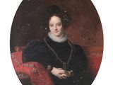 an oval portrait of a woman in a black dress with a chain around her neck