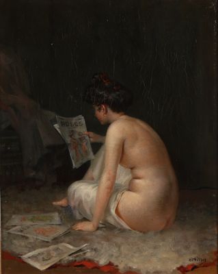 une image représentant un tableau où l'on voit une femme nue en train de lire un journal