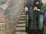painting of a woman walking down a set of stairs with a man holding an umbrella