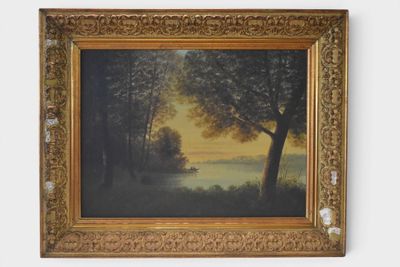 an image of a painting of a lake and trees in a gold frame