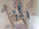 painting of a man in uniform riding a horse in front of a building