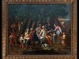 an oil painting of a group of people sitting around a table
