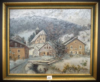 une peinture à l'huile représentant un village sous la neige, avec un bateau au premier plan