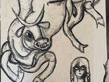 drawings of a woman and a bull on a piece of paper