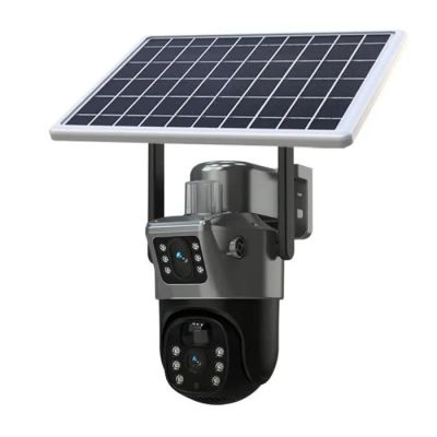 a solar powered security camera with a solar panel on top of it