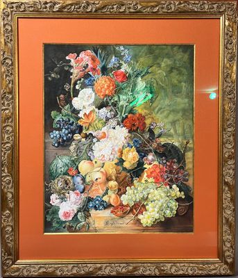 painting of a still life of flowers and fruit in a gold frame