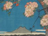 a picture of a painting of a mountain with flowers on it