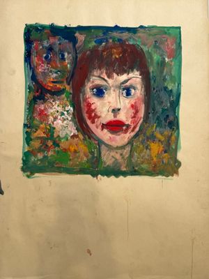 a painting of a woman with red hair and blue eyes