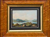 une image représentant une peinture d'un paysage avec un lac et des montagnes