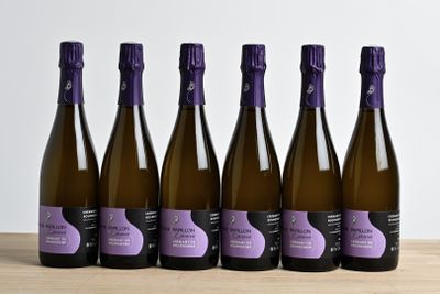 six bottles of wine are lined up on a wooden table