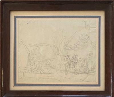 drawing of a man and a woman in front of a house