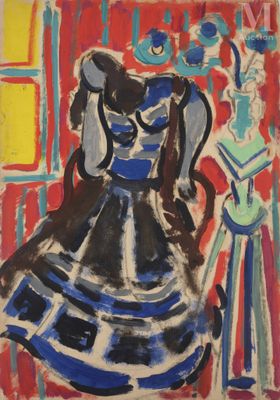 une image d'un tableau représentant une femme en robe bleue et blanche