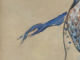 un dessin représentant une femme en robe bleue avec une fleur dans les cheveux