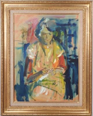 une peinture à l'huile représentant une femme assise sur une chaise