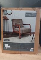 Fauteuil lounge TAKO, en velours côtelé taupe et bois - reto… (photo 2)