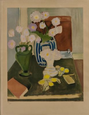 une peinture de fleurs dans un vase sur une table
