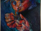 a painting of a woman with a blue hat holding a cigarette in her hand
