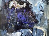 an abstract painting of a woman sitting on a chair with a bird in her hand