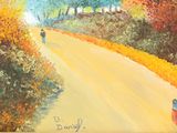 a painting of a man walking down a road