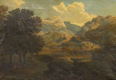 peinture représentant un paysage montagneux avec, au premier plan, du bétail en train de paître et, à l'arrière-plan, un paysage lointain