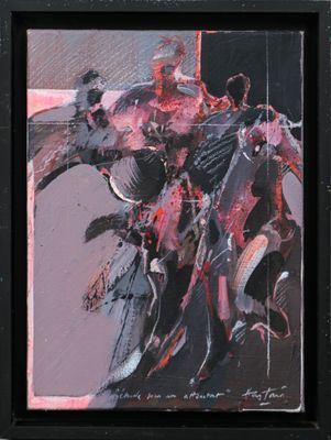 painting of a man riding a motorcycle on a city street