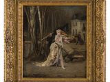 a painting of a woman in a white dress holding a sword