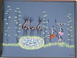 painting of a group of animals in a field of grass and trees