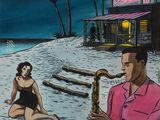 tableau représentant un homme jouant du saxophone sur une plage, en compagnie d'une femme assise dans le sable