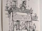 dessin représentant un magasin de vélos situé à l'angle d'une rue