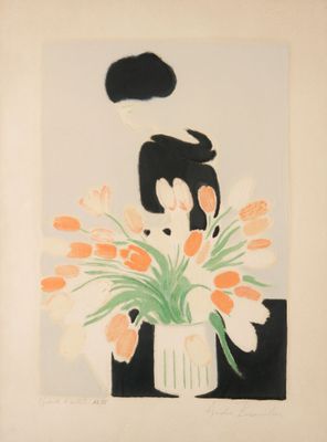 André BRASILIER (1929) Femme au bouquet de tulipes Lithograp…