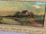 a picture of a painting of a house by the water