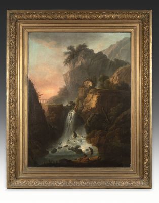 une peinture représentant une chute d'eau dans un paysage montagneux avec un château à l'arrière-plan