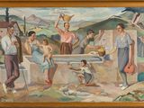 an oil painting of a group of people standing around a well