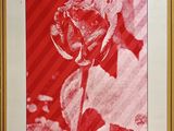 photo encadrée représentant une rose rouge sur un fond rayé rouge et blanc