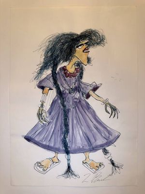 drawing of a woman in a purple dress with long black hair