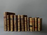 plusieurs vieux livres sont alignés sur une surface grise