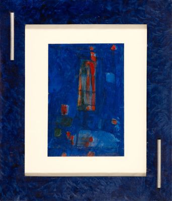 painting of a man in a blue room with a blue background