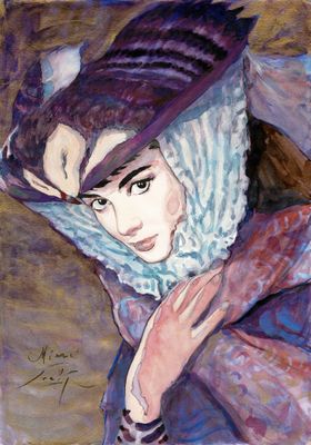 un tableau représentant une femme en robe violette avec un chat sur la tête