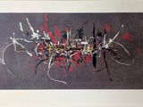 abstract painting of red, black, and white lines on a gray background