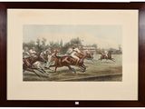 tableau représentant une course hippique avec des jockeys et des chevaux galopant sur la piste