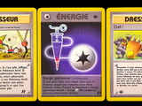 three cards with different designs on them on a black background