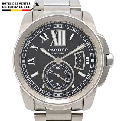 Montre pour homme Cartier Calibre en acier inoxydable, à remontage automatique, avec cadran noir et chiffres romains