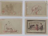 four drawings of a woman in a bed, a man in a bed, and a woman in a bed