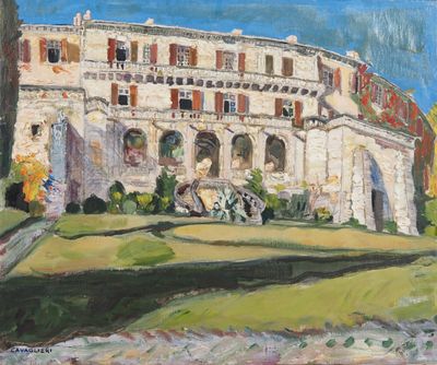 une peinture à l'huile représentant un grand bâtiment avec une fontaine devant