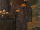 an old painting of a man standing in front of a fruit stand