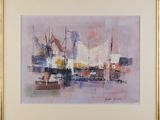 an oil painting of boats in a harbor on a cloudy day
