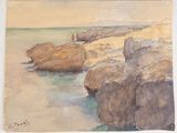a watercolor painting of rocks on the beach
